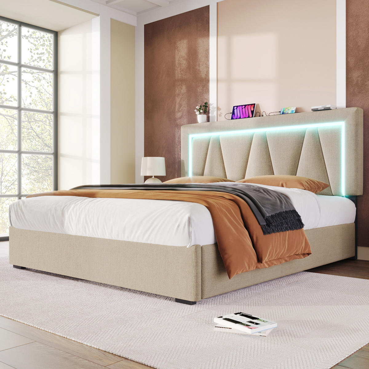 ČALÚNENÁ posteľ 140/200 cm z ľanového materiálu s LED osvetlením, USB a USB-C nabíjaním, úložným priestorom a nastaviteľným čelom, Béžová - béžová, textil (140/200cm) - Redom