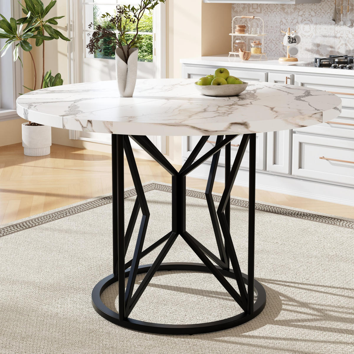 ESSTISCH 100x100x76 cm in Weiß und Gold aus MDF mit Marmoroptik auf schwarzem Metallgestell - Schwarz, Holzwerkstoff (100/100/76cm) - Modfu