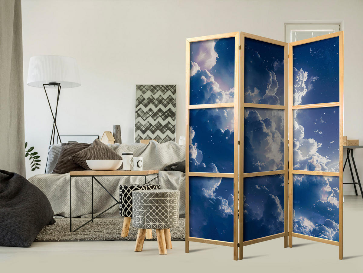 PARAVENT Japanischer 3-tlg 135x172 cm Abendhimmel - Blau, Holz/Textil (135/172/3cm) - Muralo