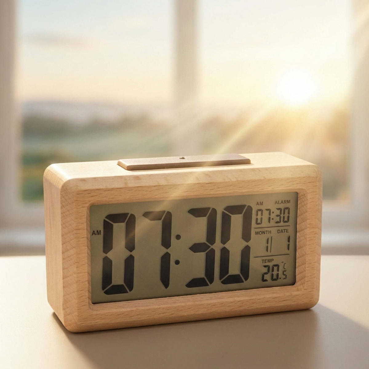VÄCKARKLOCKA natur digital trä - Ljusbrun, Trä/Plast (13.5/8/5cm) - Relaxdays