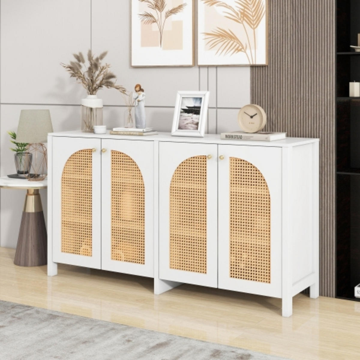 SIDEBOARD mit vier gebogenen Rattan-Türen & Metallgriffen weiß 145×80×40 cm aus MDF - Weiß, Holzwerkstoff (145/40/80cm) - Luhomfu