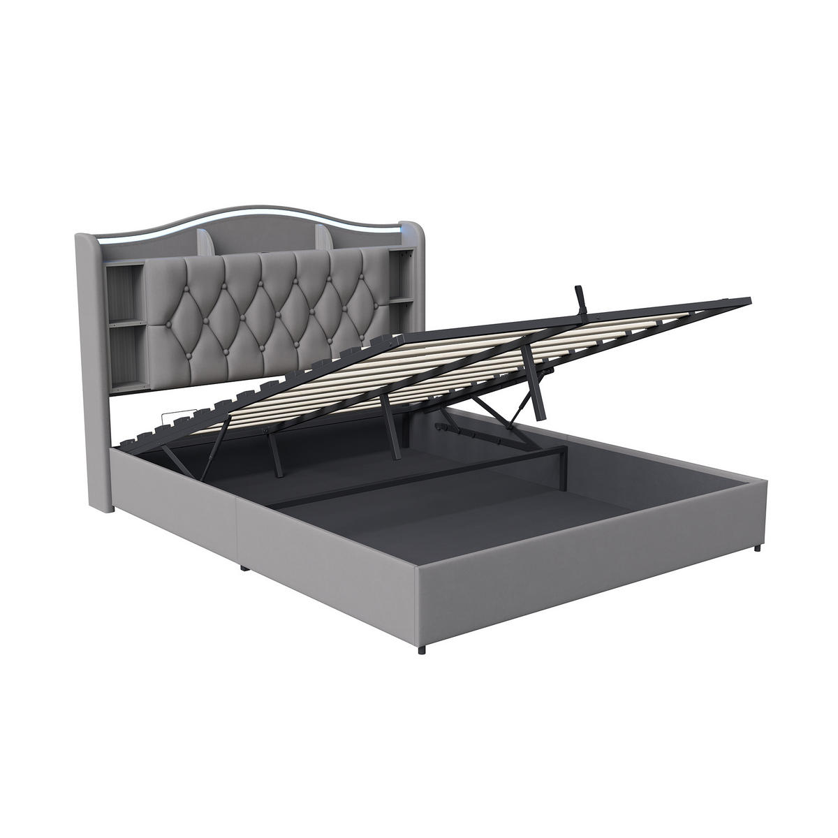POLSTERBETT 140x190 cm mit Bettkasten, LED & USB, Doppelbett mit Kopfteil Stauraum und kabellosem Laden, Grau - Grau, Metall (140/190cm) - EuroLiving
