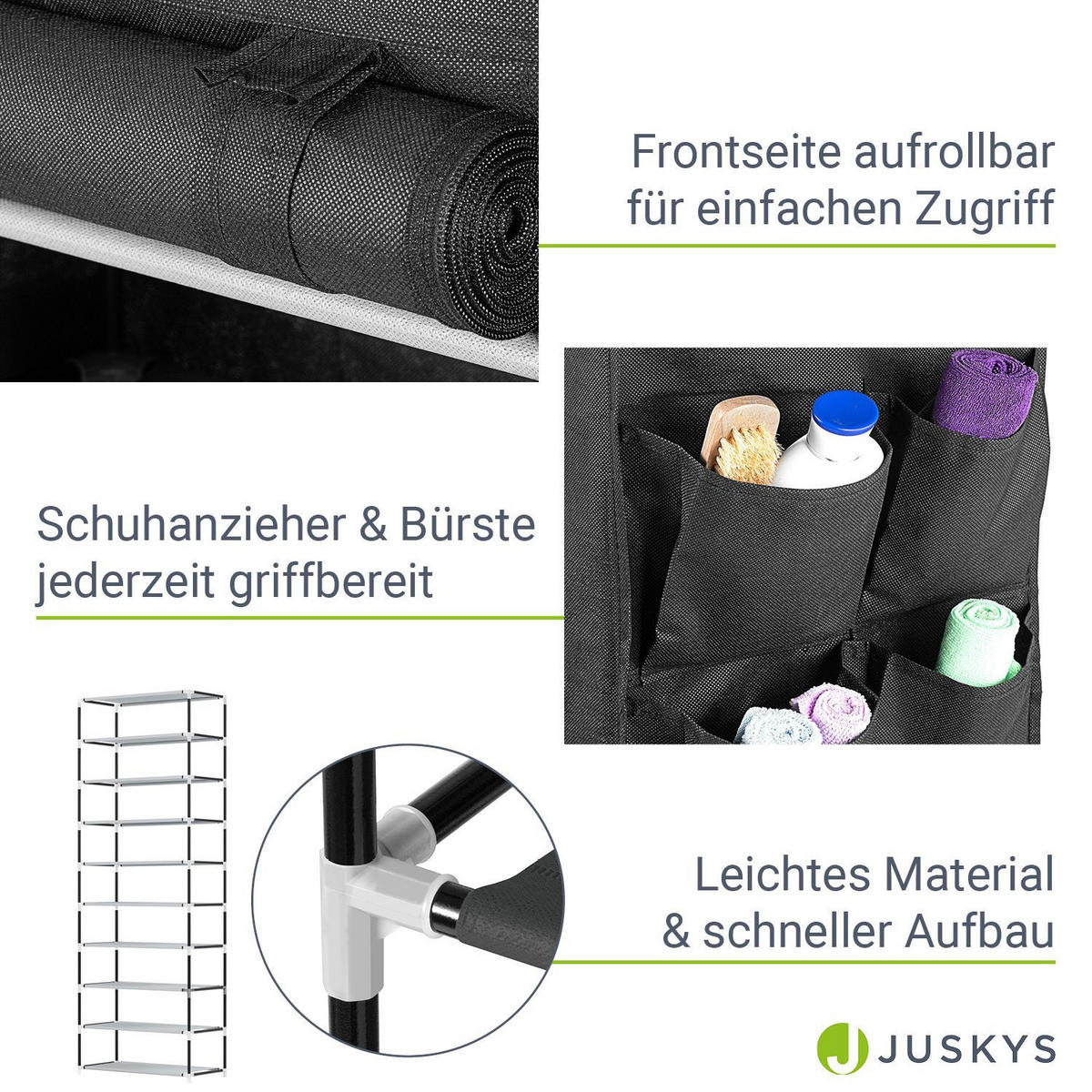 SCHUHREGAL mit Seitentaschen 160 x 58 cm schwarz - Schwarz, Textil (58/160/28cm) - Juskys