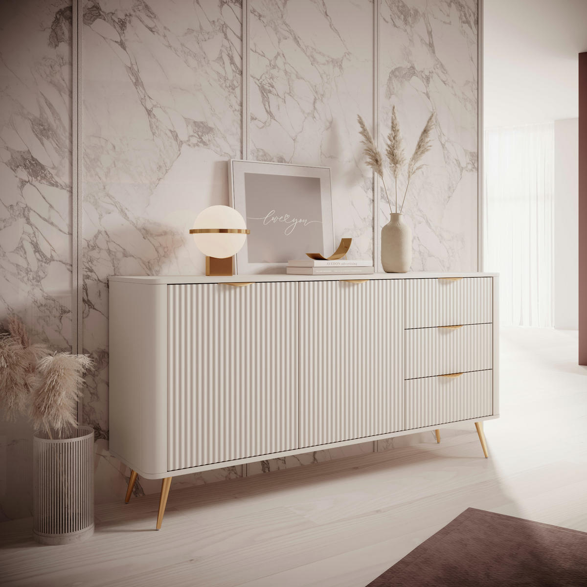 SIDEBOARD LEKNES KOM2 Reliefierte Fronten aus MDF-Platte Beige Beige - Beige, Glas/Holzwerkstoff (163/81/38cm) - Komodee