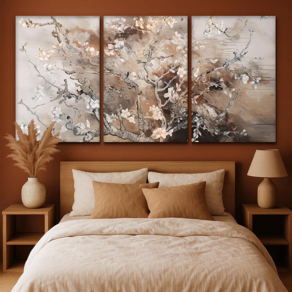 LEINWANDBILD 3er Set Mandelblüte - Abstrakt - Beige 240x120 cm - Beige, Textil (240/120cm) - MuchoWow