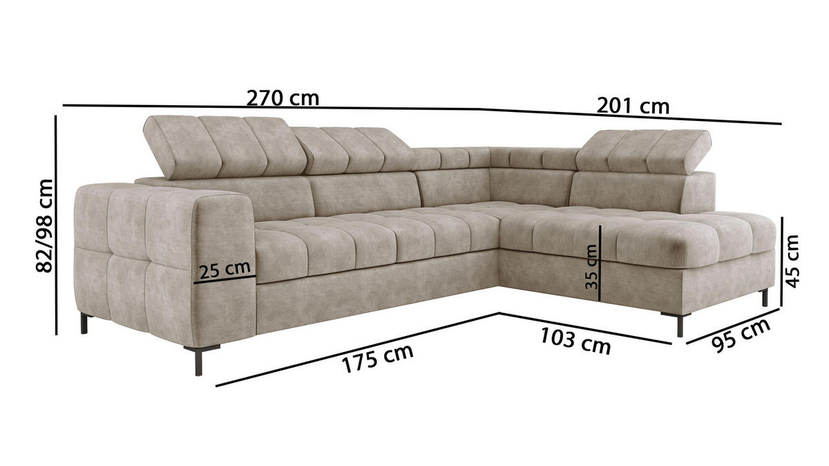 ECKSOFA PABLO VOGUE L-förmig mit Bett Bettkasten verstellbare Kopfstützen weicher Metallfüße freistehend LINKS 201x270x97 cm Brown - Braun, Holz/Textil (201/270cm) - DomoHome