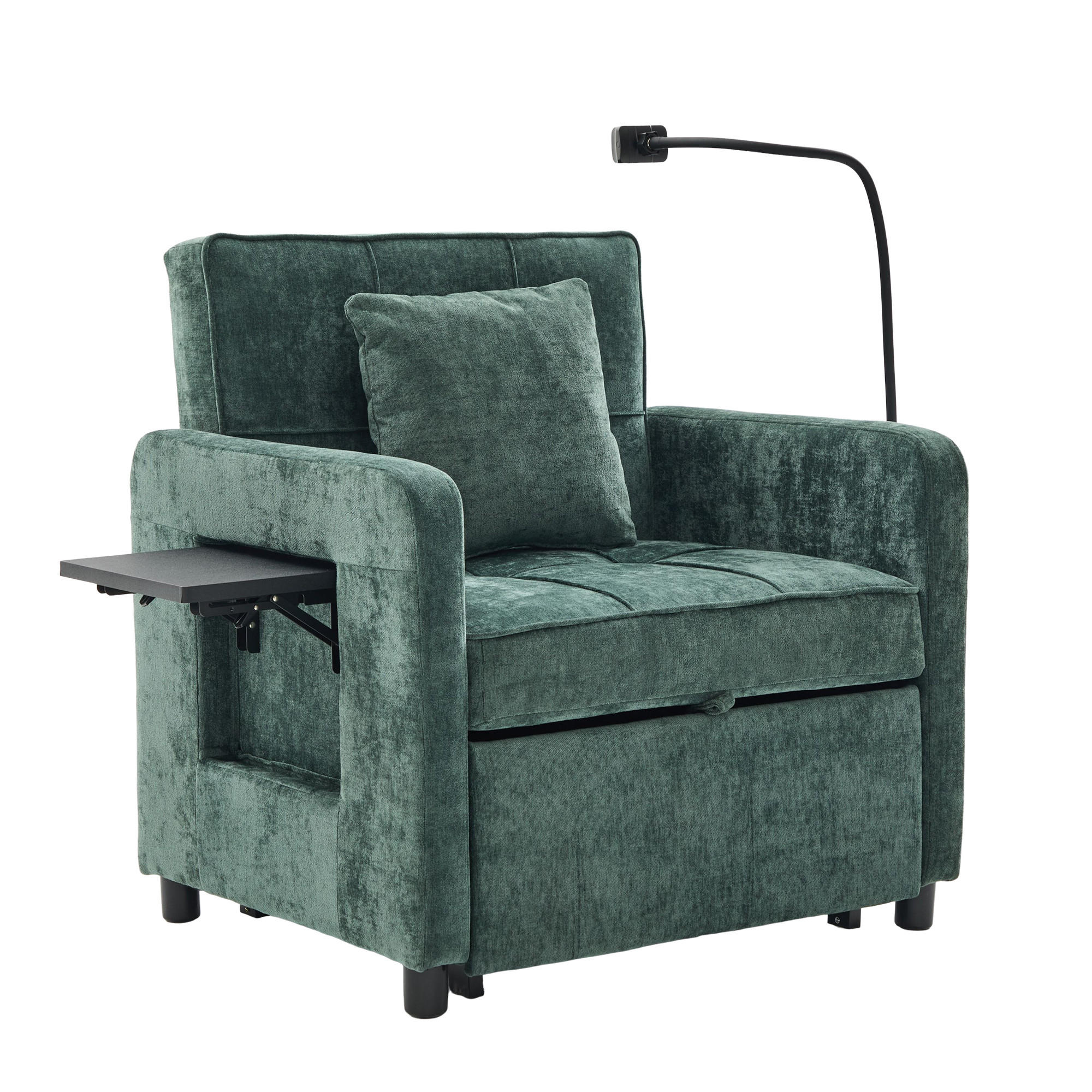 SOFA Chenille Grün mit Stauraum, Tablett und Kissen - Grün, Textil/Metall (79/83/167cm) - WISHDOR