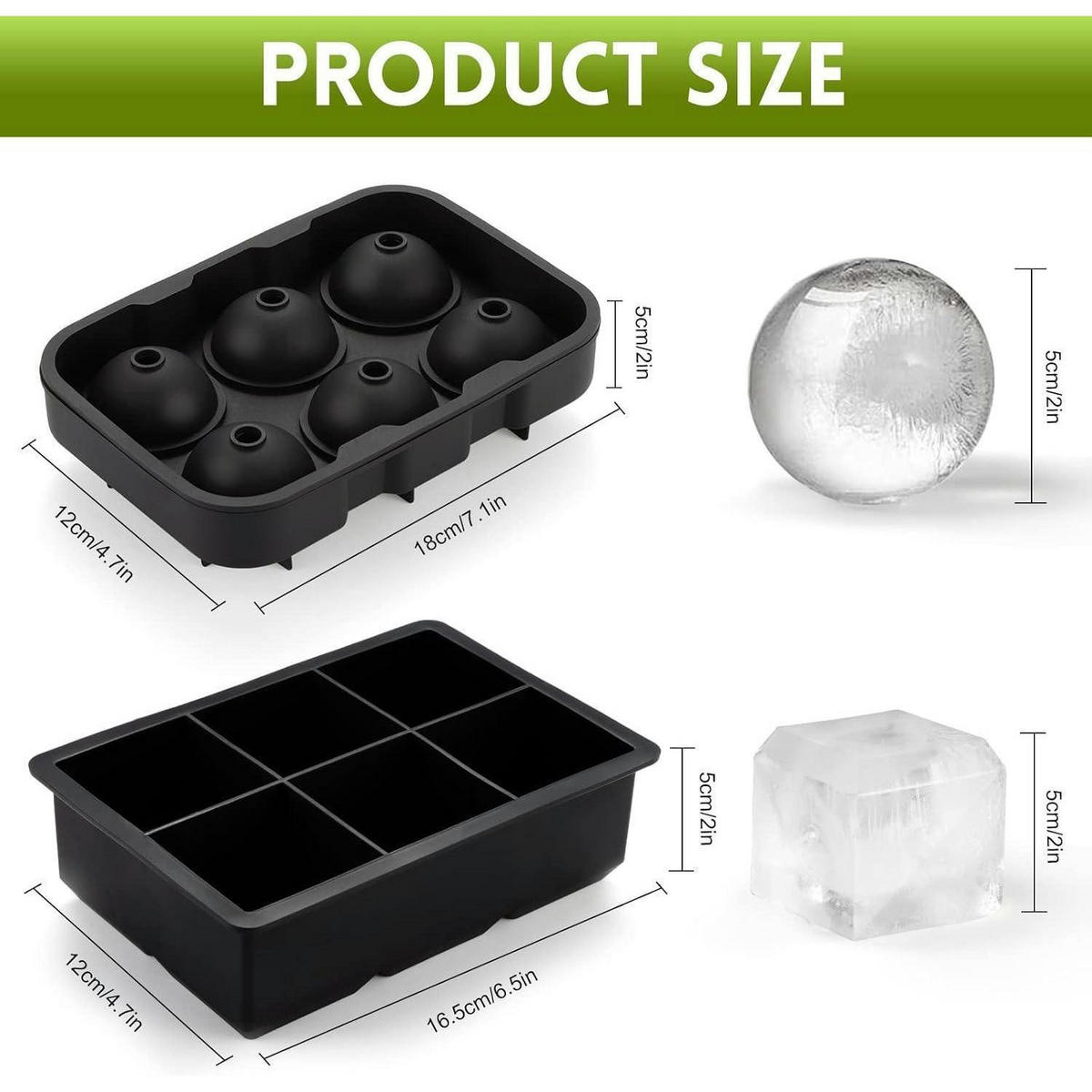 EISWÜRFELFORM Silikon XXL 6er Set Eisbälle & 6er Set Eiswürfel - Schwarz, Kunststoff (12/10/20cm)