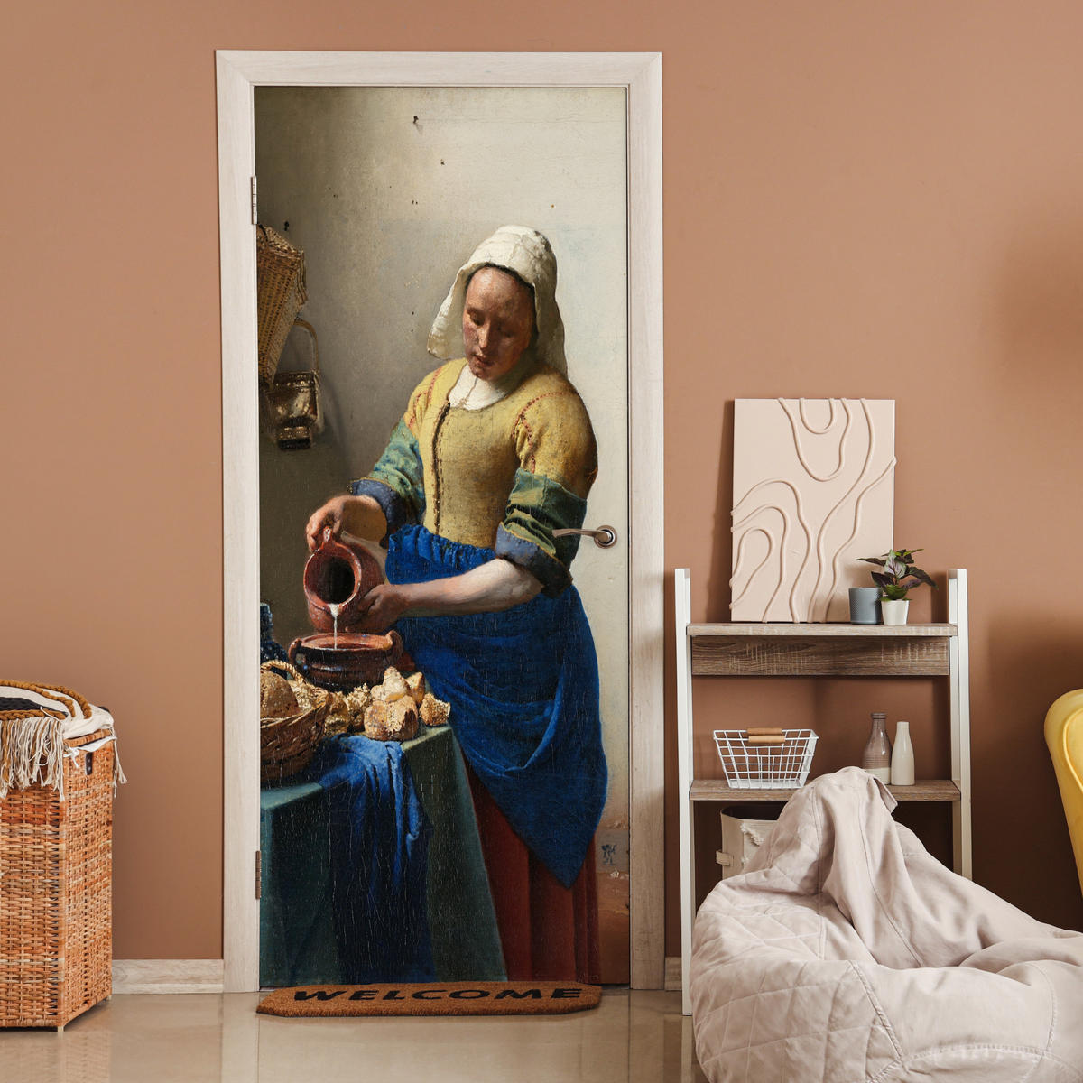 TÜRAUFKLEBER Das Milchmädchen - Johannes Vermeer Deko Schlafzimmer 95x215 cm - Türtapete - Dunkelblau, Kunststoff (95/0.1cm) - MuchoWow