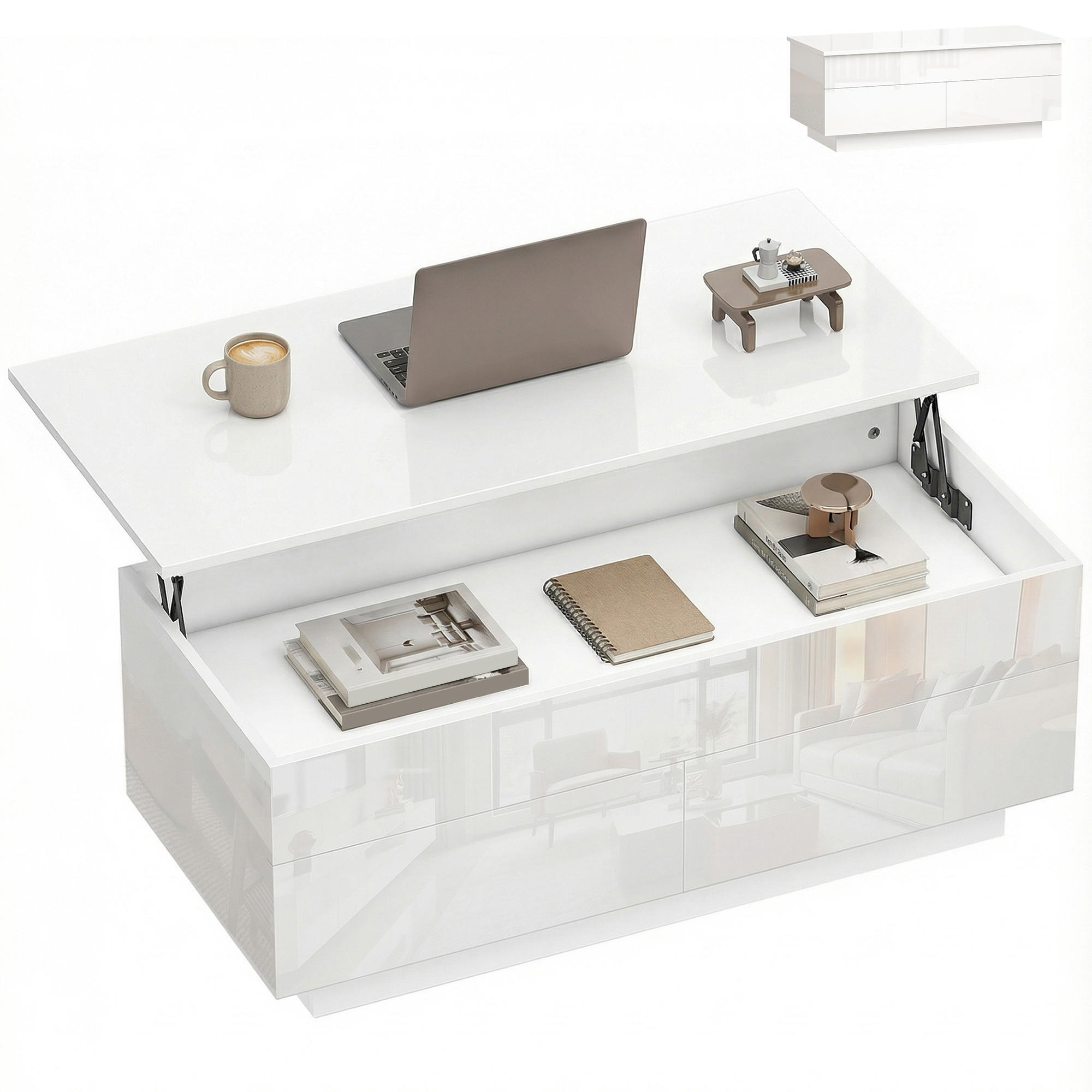 COUCHTISCH Höhenverstellbar, Moderner Wohnzimmertisch mit verstecktem Stauraum und 2 Schubladen, Hochglanz Weiß - Weiß Hochglanz, Holzwerkstoff (48/102/54.5cm)