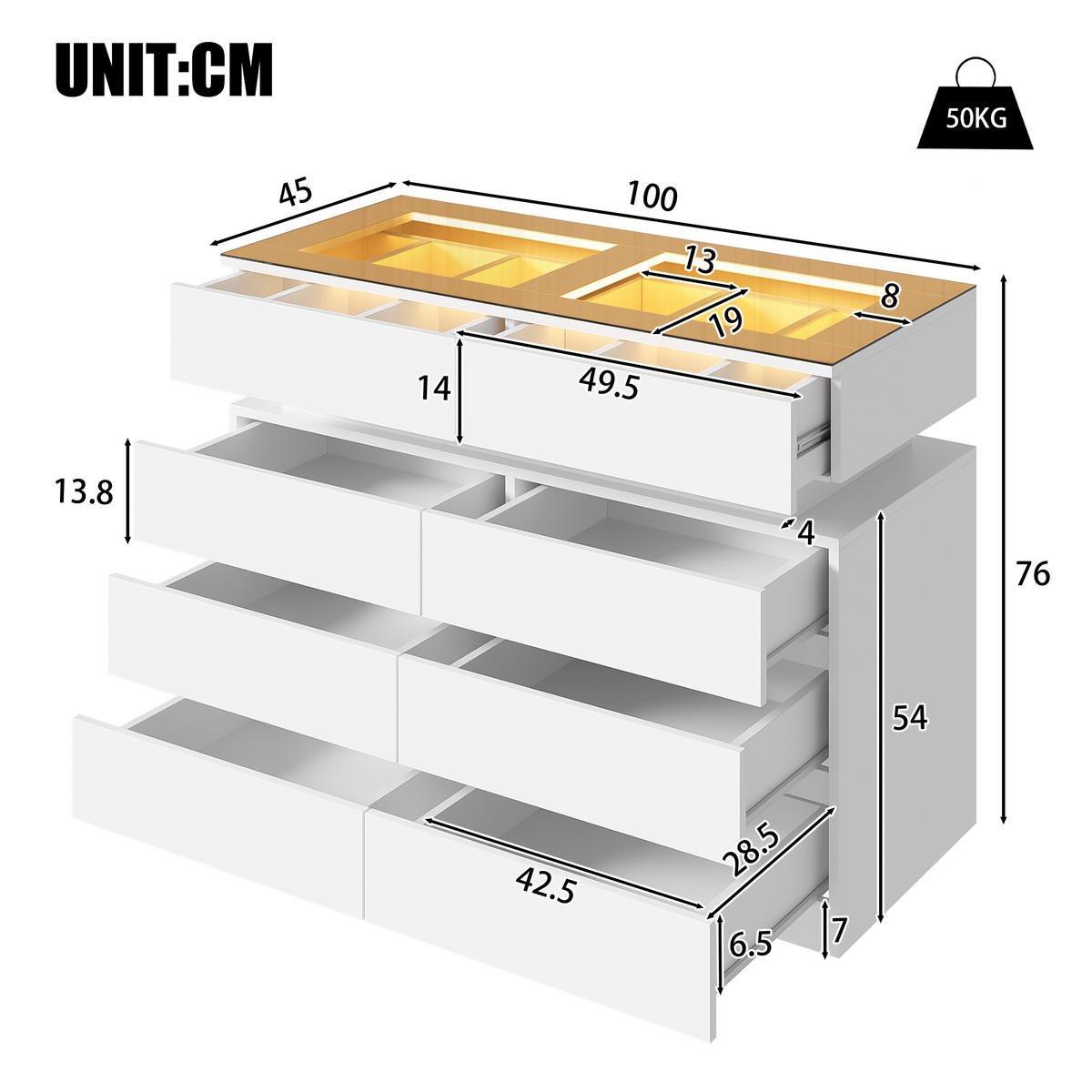 SIDEBOARD LED Glas 8 Schubladen Unterteilung Weiß 100cm Modern - Weiß, Glas (100/76/45cm) - FLIEKS