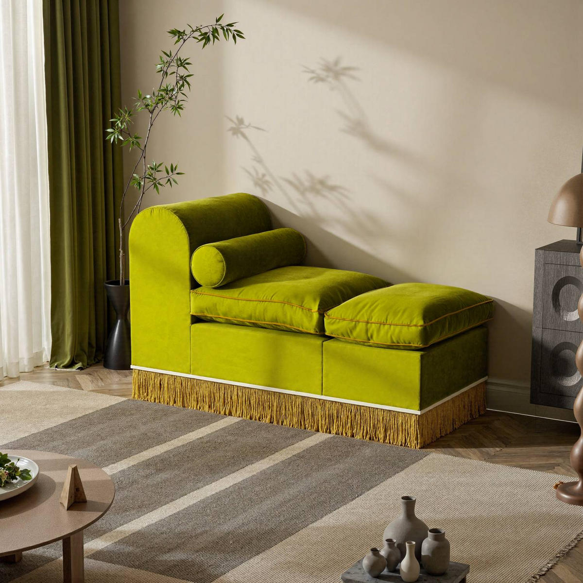 LOUNGESOFA mit Quasten Einzelsofa Luxus und Premium Samt - Olivgrün, Textil (60/80/130cm) - Vercart