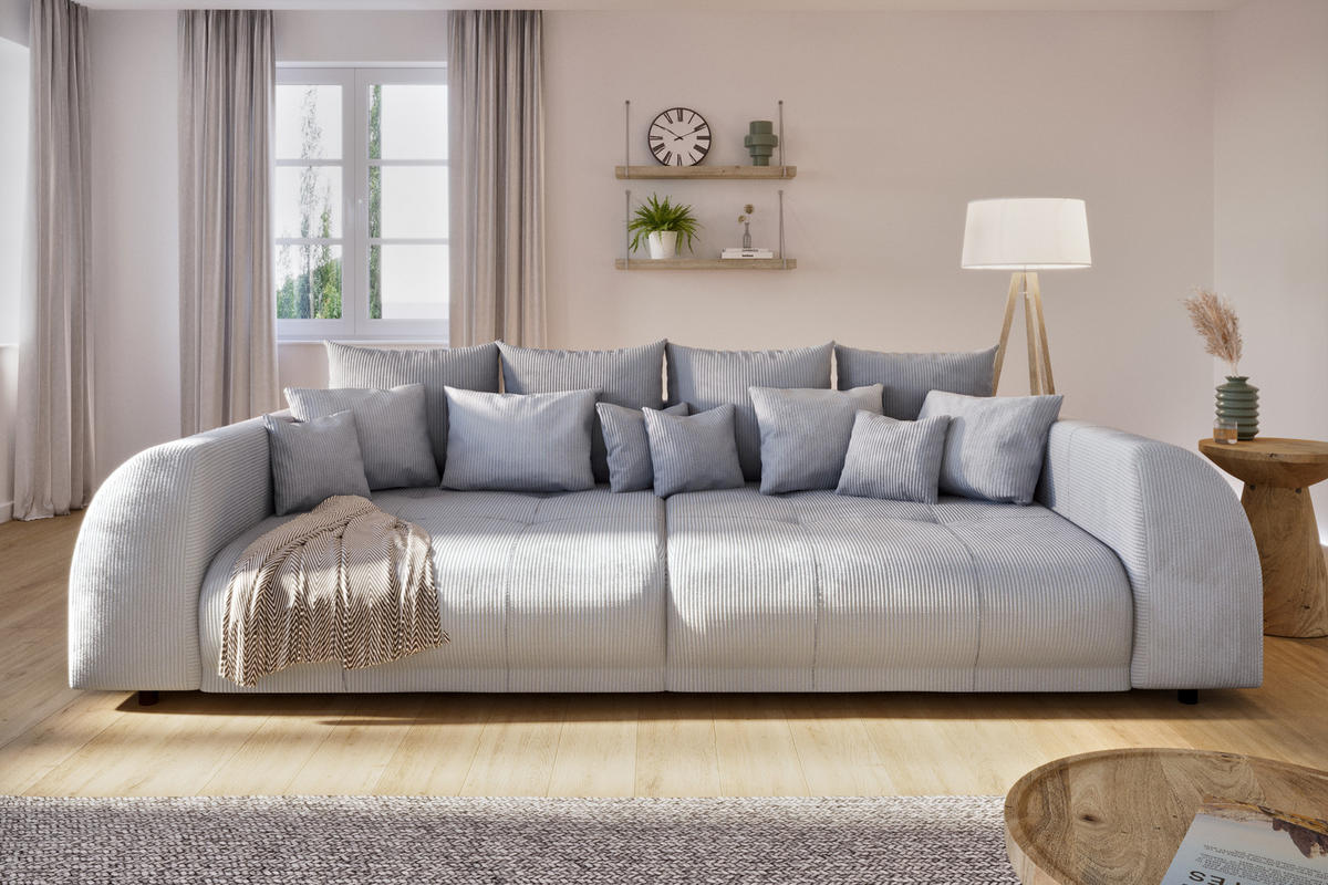 BIGSOFA Levana 5 Sitzer Hellgrau Cord-Stoff - Hellgrau/Schwarz, Holz/Kunststoff (310/86/135cm) - S-Style Möbel