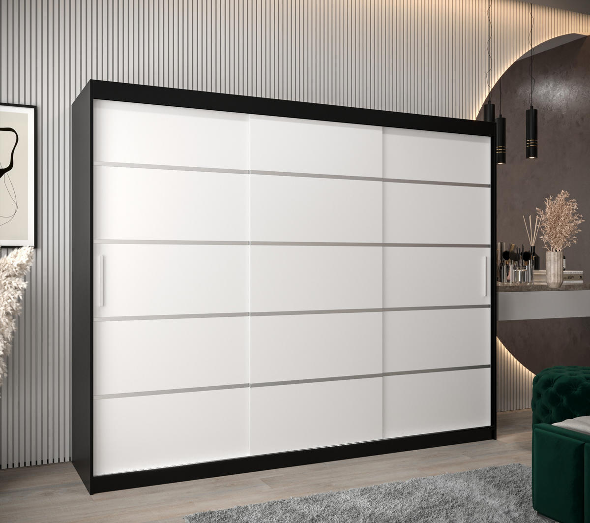 SCHWEBETÜRENSCHRANK 200/250/62 3-türig - Silberfarben/Schwarz, Holz/Kunststoff (250/200/62cm) - MÖBEL KRYSPOL