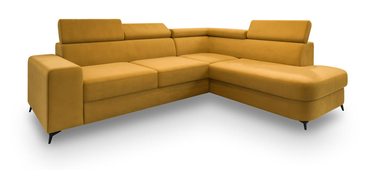 ECKSOFA ALVORO R-S Gelb Velours-Stoff mit Schlaffunktion - Gelb, Holz (253/190cm) - MASSENO