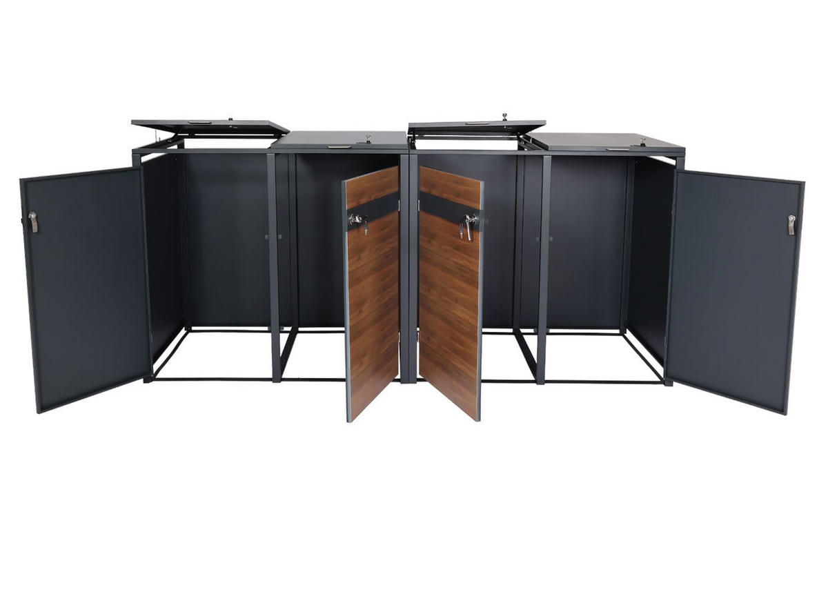 MÜLLTONNENBOX 4er 117x264x80cm Anthrazit Kirsche-Holzoptik Dunkelbraun - Kirschbaumfarben, Metall (264/117/80cm) - PROREGAL