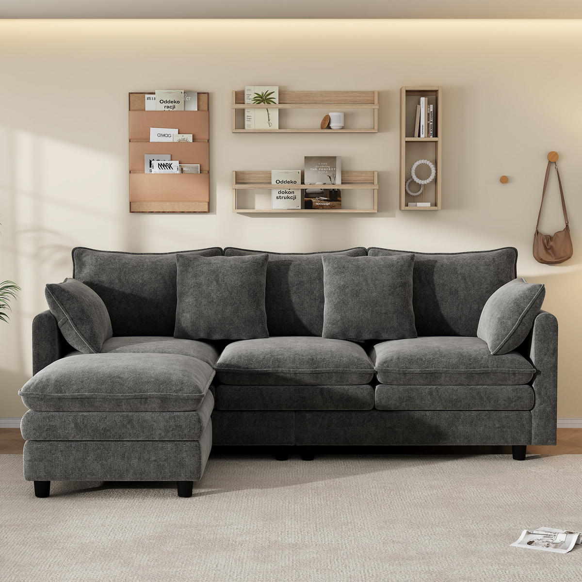 ECKSOFA 212/150/90 cm Grau mit 4 Zierkissen und 3 Rückenlehnen - Grau, Textil (212/150cm) - Oxeza