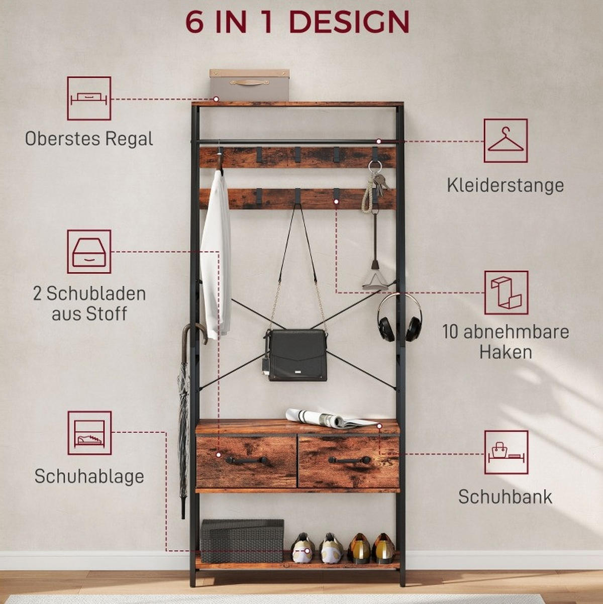 STANDGARDEROBE 80/30/180 cm mit 10 Haken, Schuhablage und Sitzbank - Braun, Holz (80/180/30cm) - BEAOK