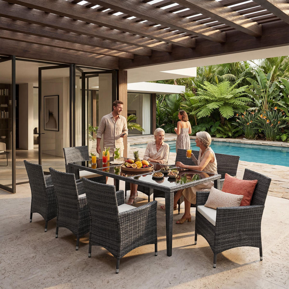 RATTAN-SITZGRUPPE aus Aluminium Menorca, inklusive Schutzhülle, grau - Grau, Kunststoff - tectake
