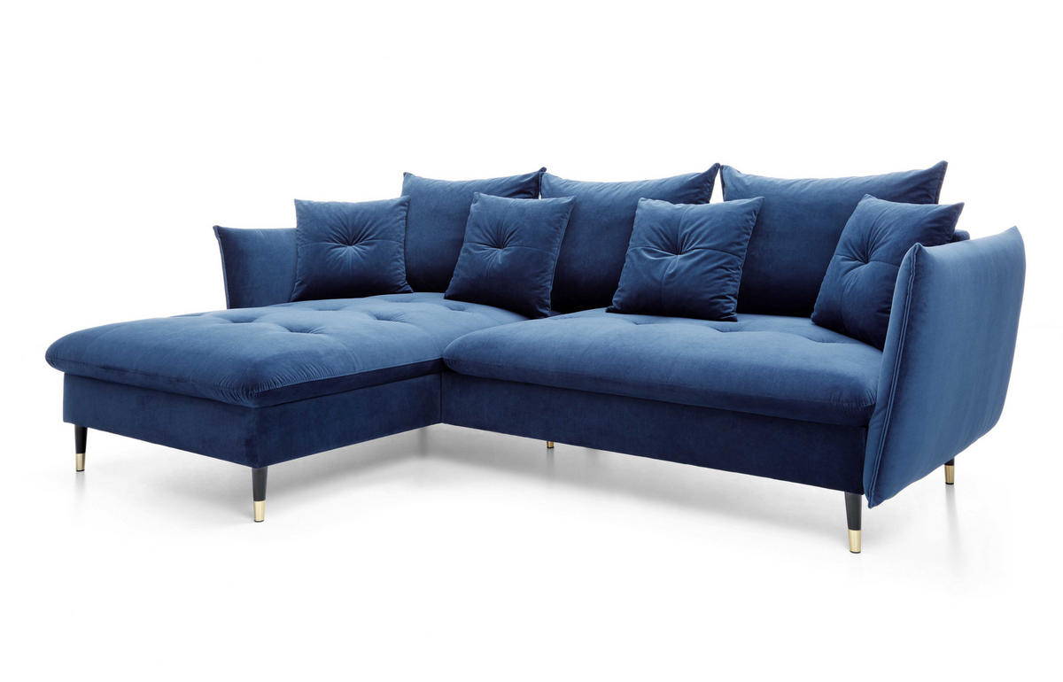 ECKSOFA GLAM mit Schlaffunktion, Ottomane & goldenen Füßen – Samtsofa im Glamour-Stil mit Zierkissen, 258x167x91cm, Linke, BLAU - Blau, Holz/Textil (167/258cm) - DomoHome