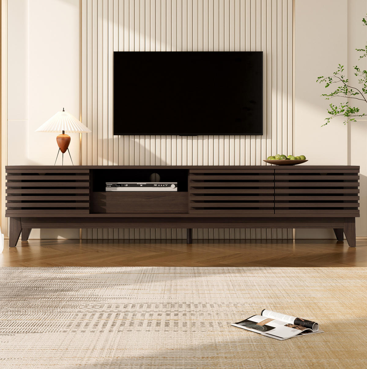 TV-LOWBOARD aus Holzwerkstoff 170x35x40 cm Natur mit 3 Türen, 1 Schublade und Kabeldurchführung im Vintage-Lamellendesign - Naturfarben, Holzwerkstoff (170/40/35cm) - Modfu