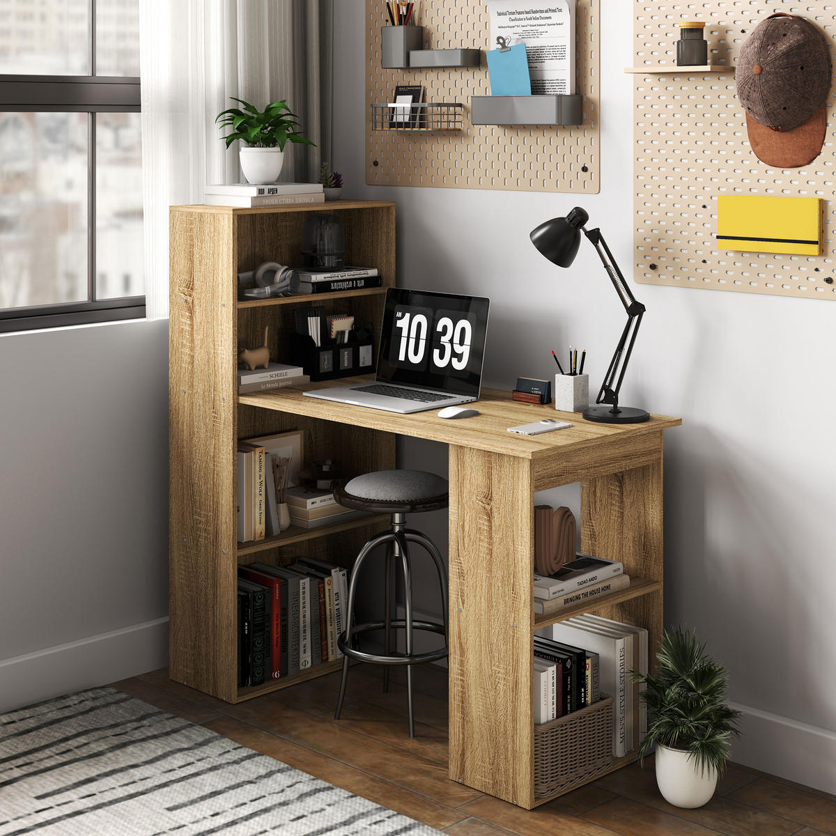 SCHREIBTISCH Eicheoptik und Weiß mit integriertem Regal 120/55/120 cm - Eichefarben, Holz (55/120/120cm) - PANGIVO