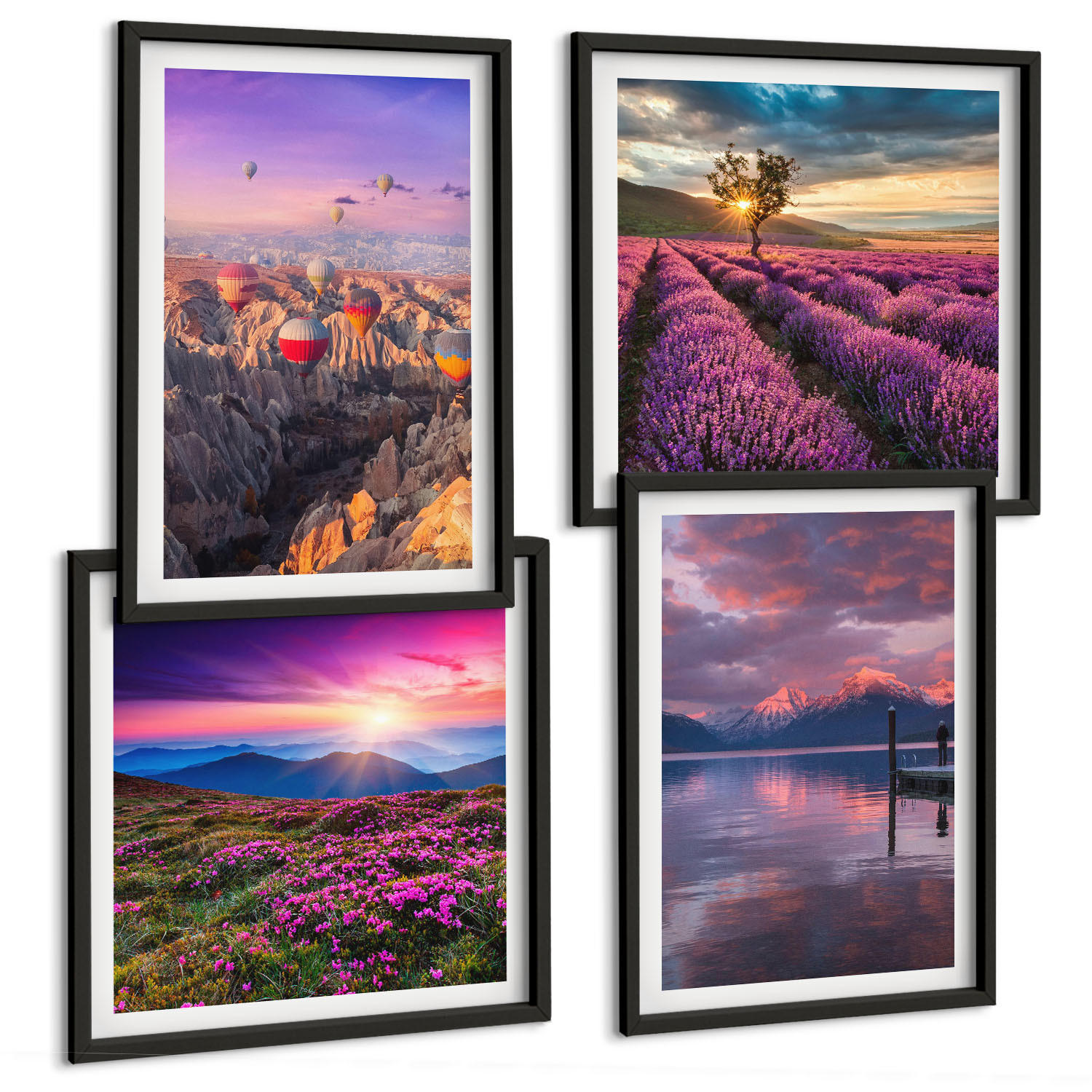 BILDER SET 4er Set - 50x50 cm & 40x60 cm Schwarzer Rahmen - Sonnenuntergang auf Lavendelfeldern - Schwarz, Kunststoff (50/50cm) - TULUP