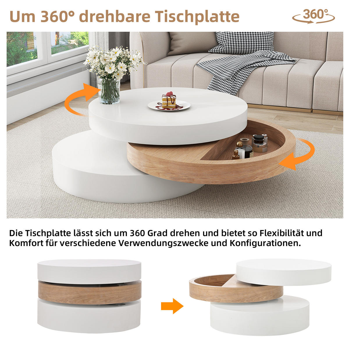 COUCHTISCH Weiß/Natur 360° drehbar mit Stauraum 60/60/35 cm - Weiß, Holzwerkstoff (60/60/35.1cm) - PANGIVO