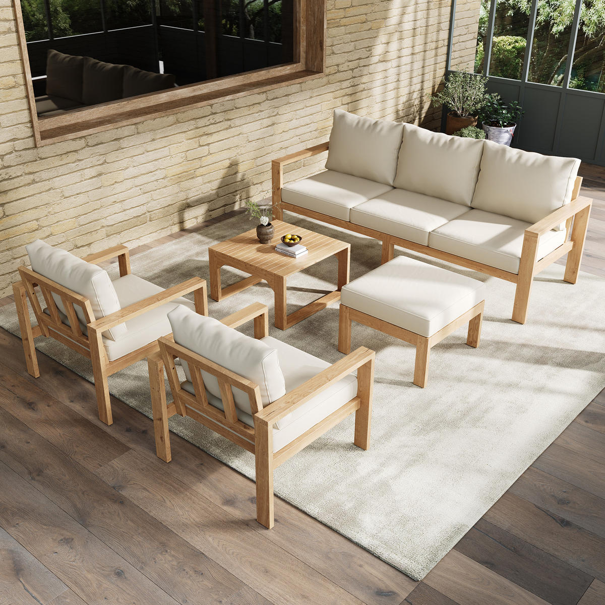 GARTENMÖBEL-SET, 4-6 Personen, Akazienrahmen, Natur/Creme - Creme, Textil - FLIEKS