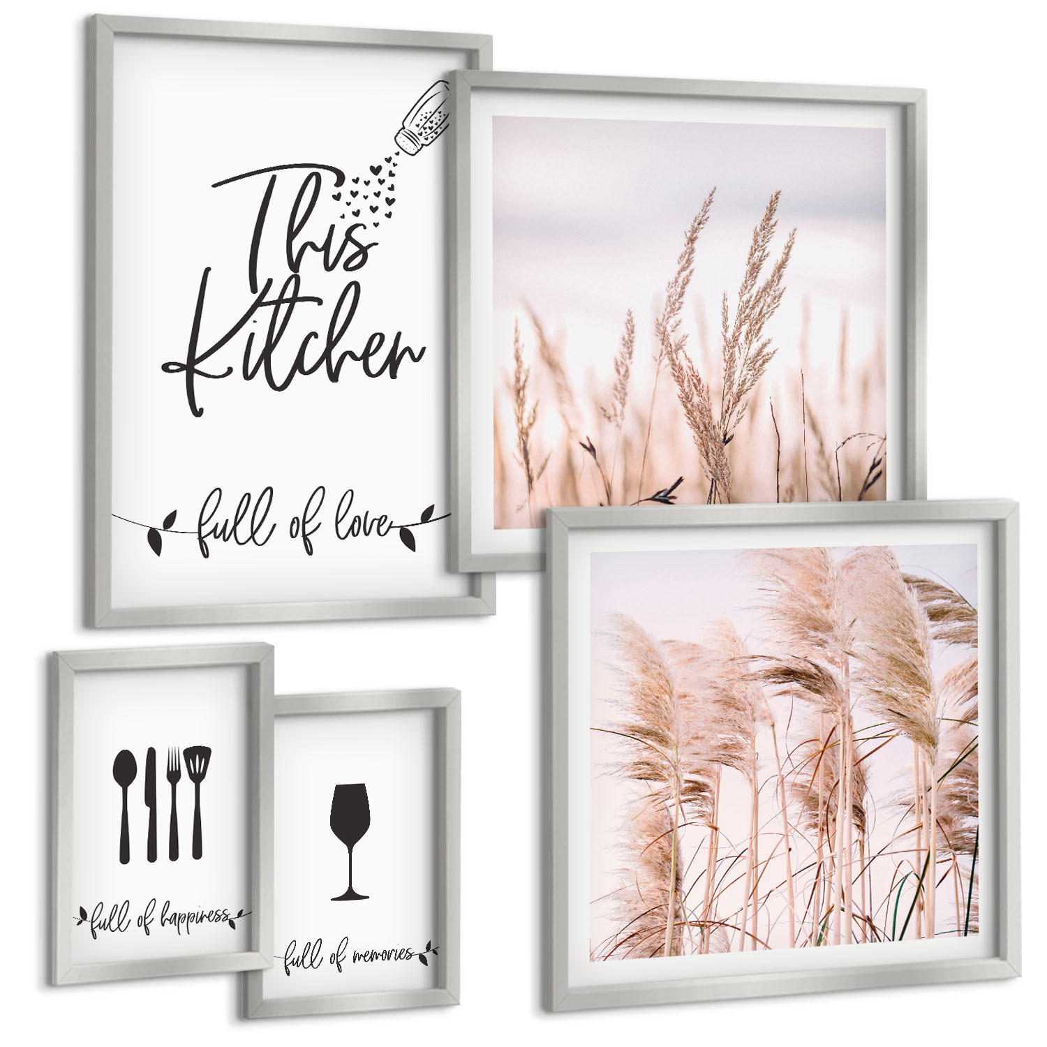 BILDER SET 5er Set - 50x50 cm & 20x30 cm & 40x60 cm Silberner Rahmen - Abstrakte Blattmalerei - Silberfarben, Kunststoff (40/60cm) - TULUP