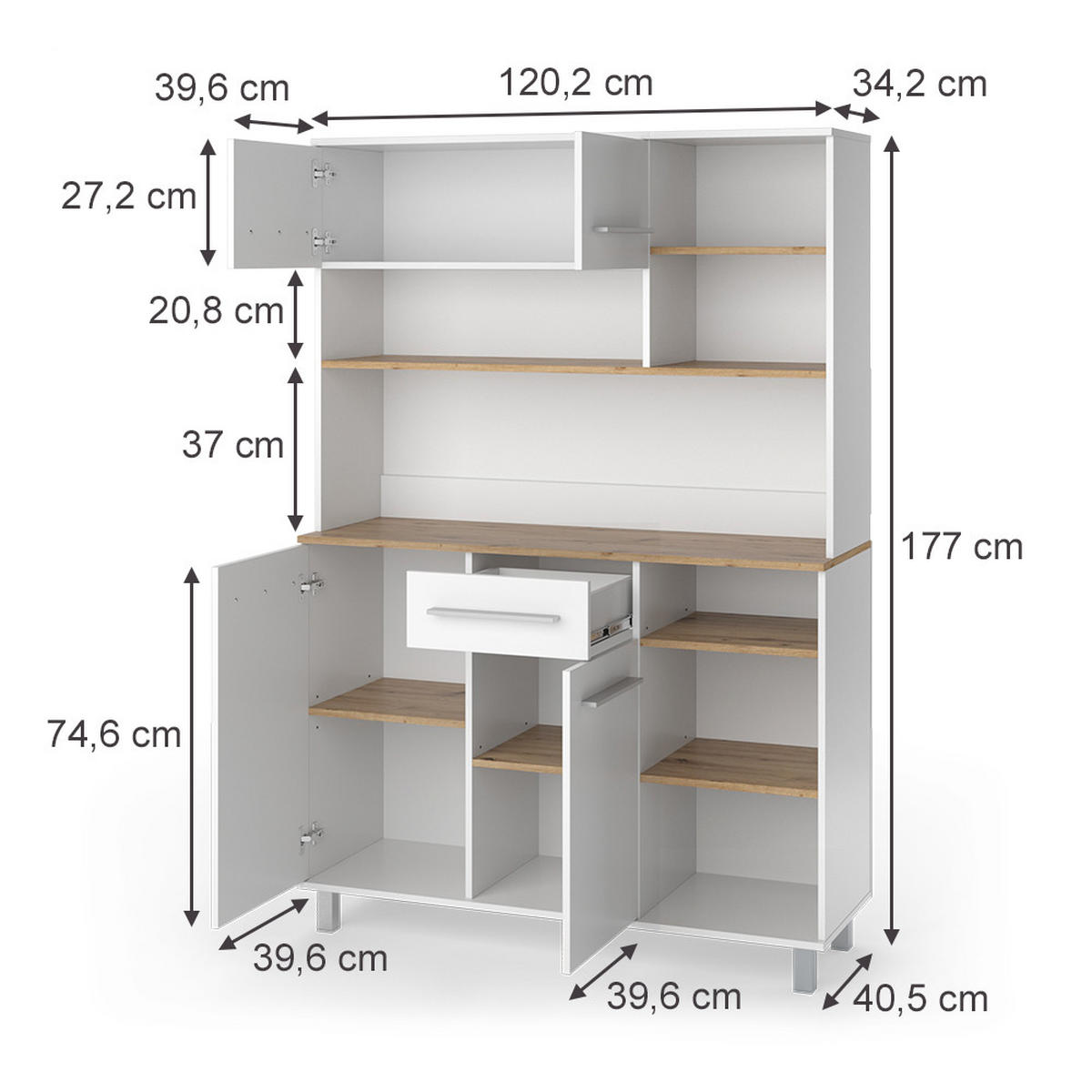 KÜCHENBUFFET Pure, Weiß/Artisan-Eiche, 120.2 x 177 cm - Weiß/Eiche Artisan, Holzwerkstoff (120.2/177/40.5cm) - Vicco