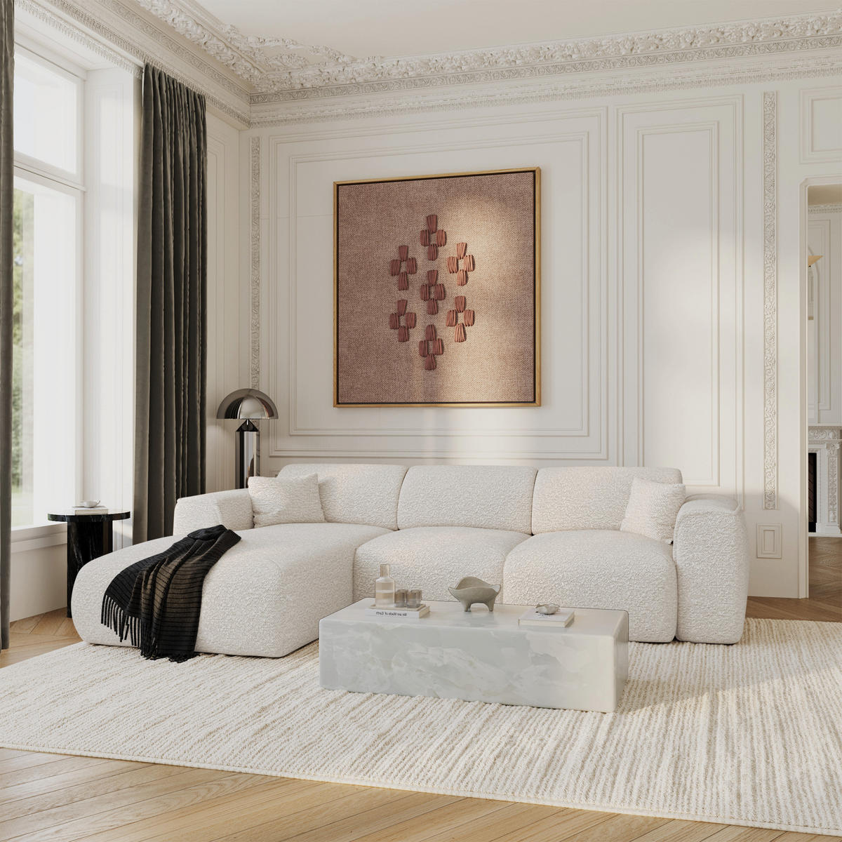 ECKSCHLAFSOFA Bouclé-Stoff Creme 283cm - Creme, Textil (283/180cm) - Sia Home