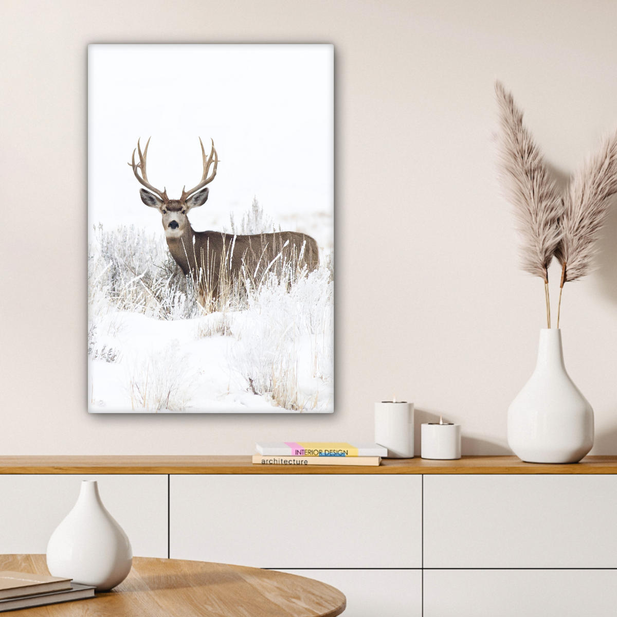 LEINWANDBILD Hirsche - Winter - Schnee - Tiere - Jahreszeiten - Weiß 60x90 cm - Hellbraun, Textil (60/90cm) - MuchoWow