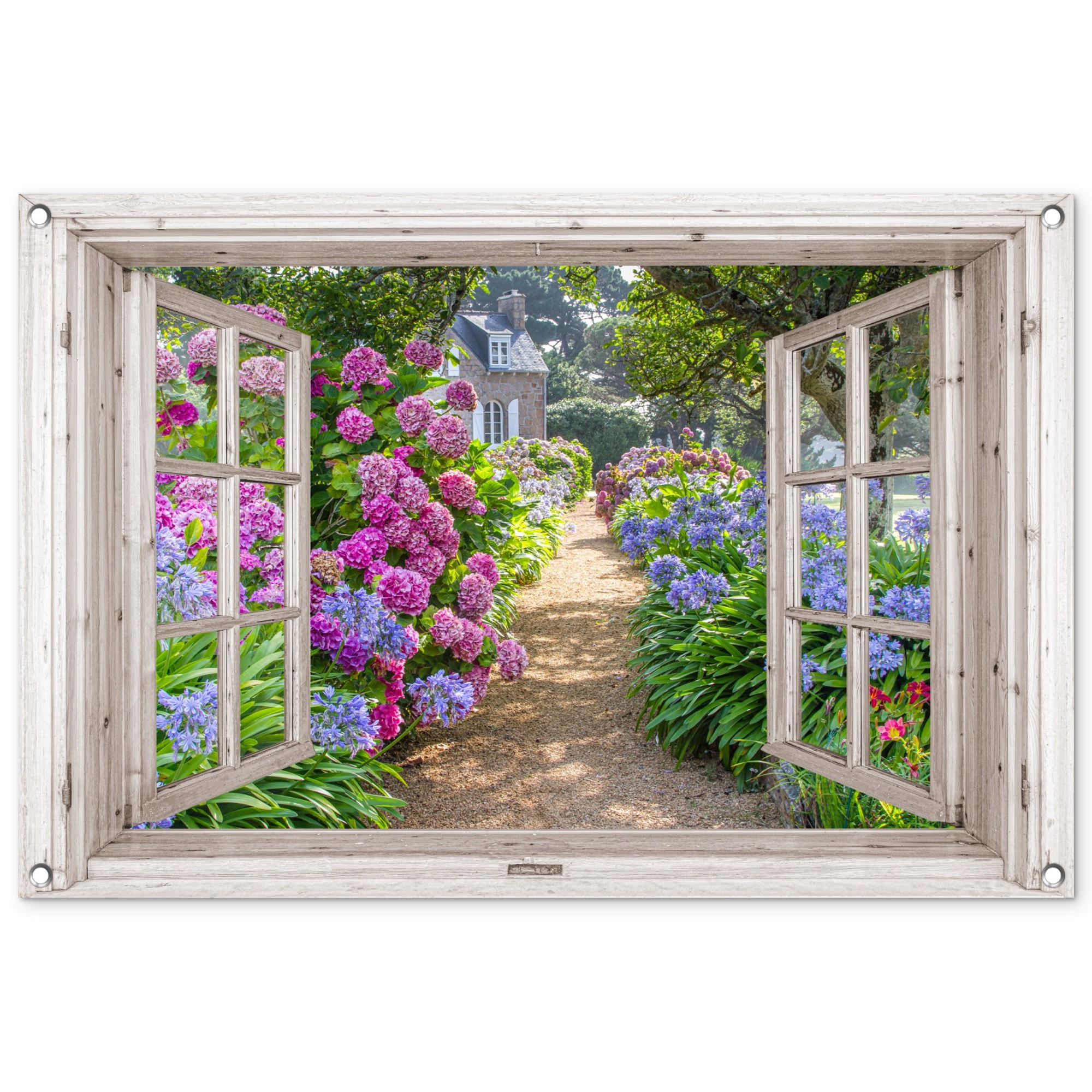 GARTENPOSTER Hortensie - Durchsichtig - Blumen - Sommer - Lila - Weg 90x60 cm - Grün, Kunststoff (90/60/0.2cm) - OnlyWow