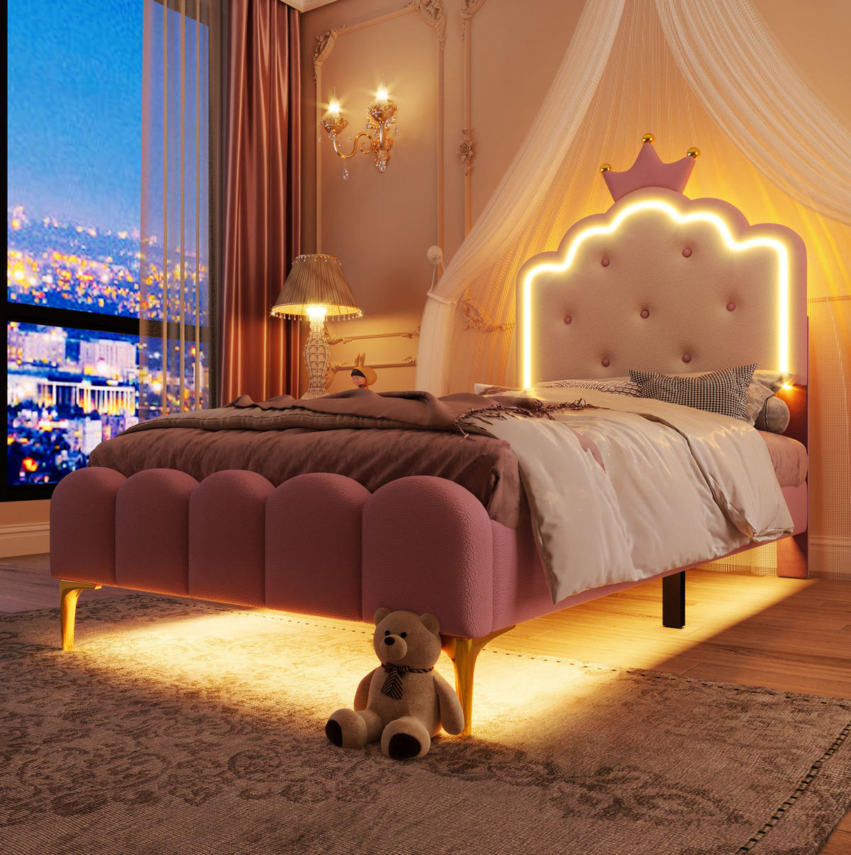 POLSTERBETT aus PU und MDF 90x200 cm Rosa mit Lattenrost und LED-Ambientebeleuchtung - Rosa, Kunststoff (90/200cm) - IVMEU