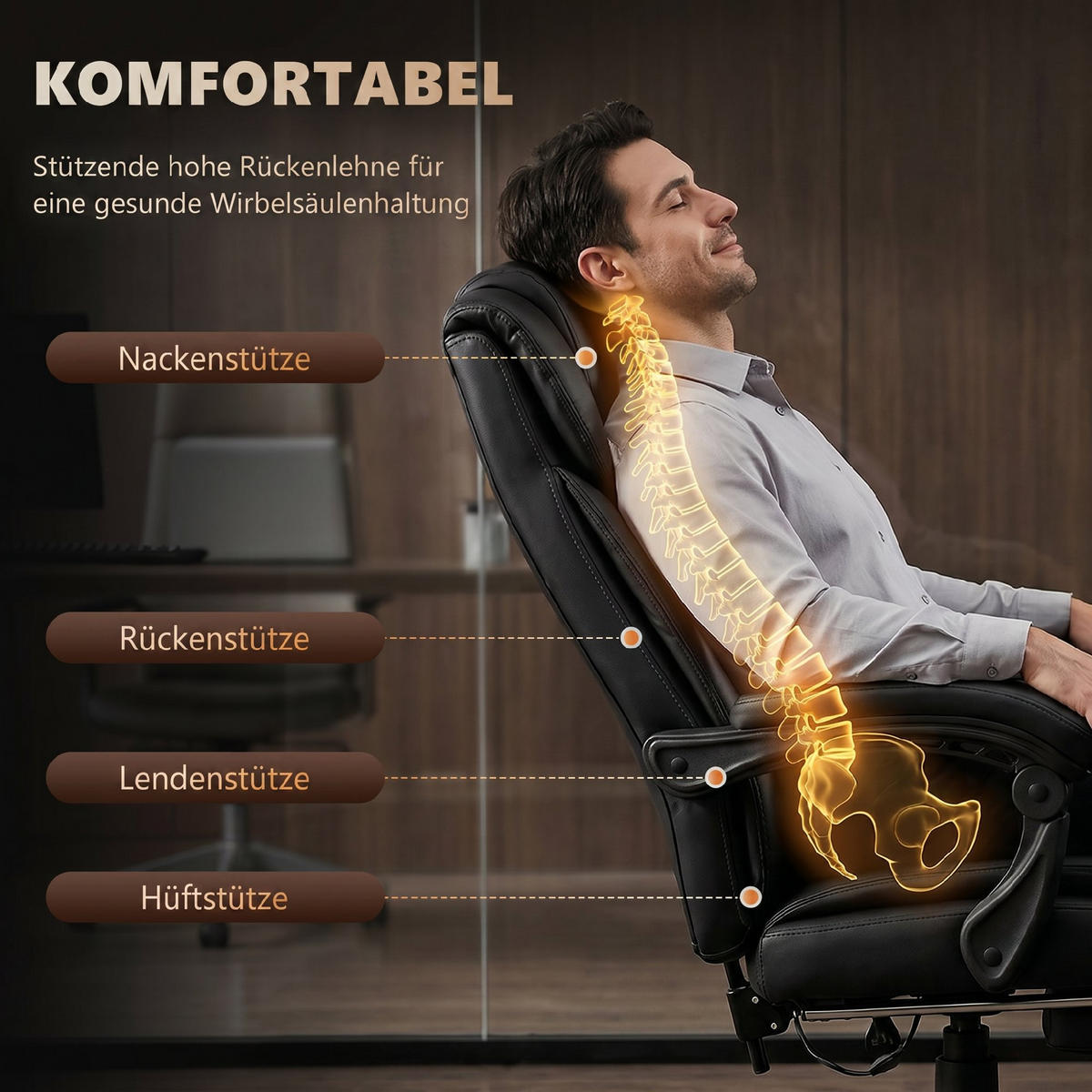 DREHSTUHL Massagefunktion ergonomisch Fußstütze hoher Rücken Lendenstütze Schwarz - Schwarz, Textil (75/122/66cm)