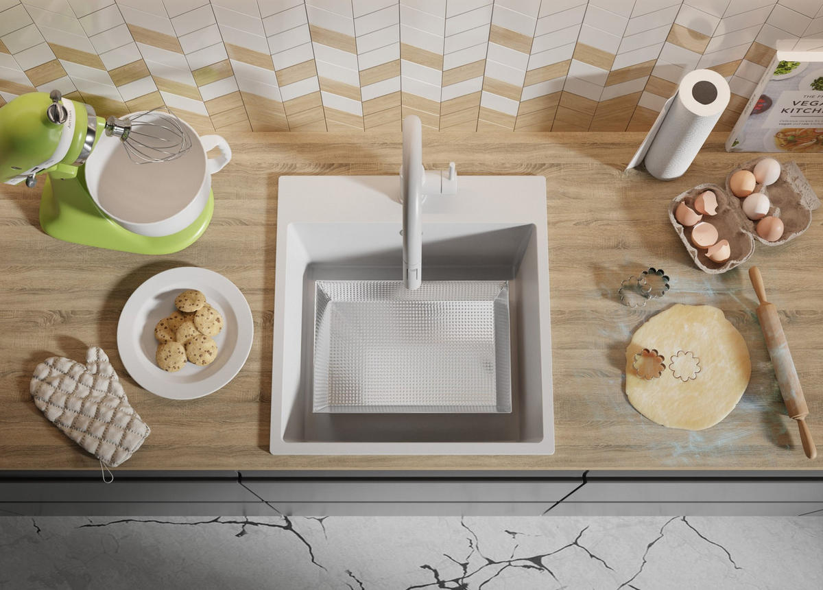 SPÜLBECKEN Riga, 2-er set Alles Weiß 48/50 cm 1 Becken + Ablauf-Set ab 50er Unterschrank - Weiß, Kunststoff (48/20/50cm) - Primagran