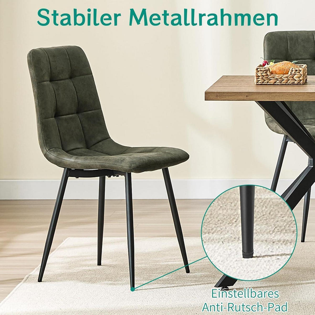 ESSZIMMERSTÜHLE 6er Set Grün Technologietuch Gepolstert Hohe Rückenlehne Metallfuß - Grün, Kunststoff (41.5/88/43cm)
