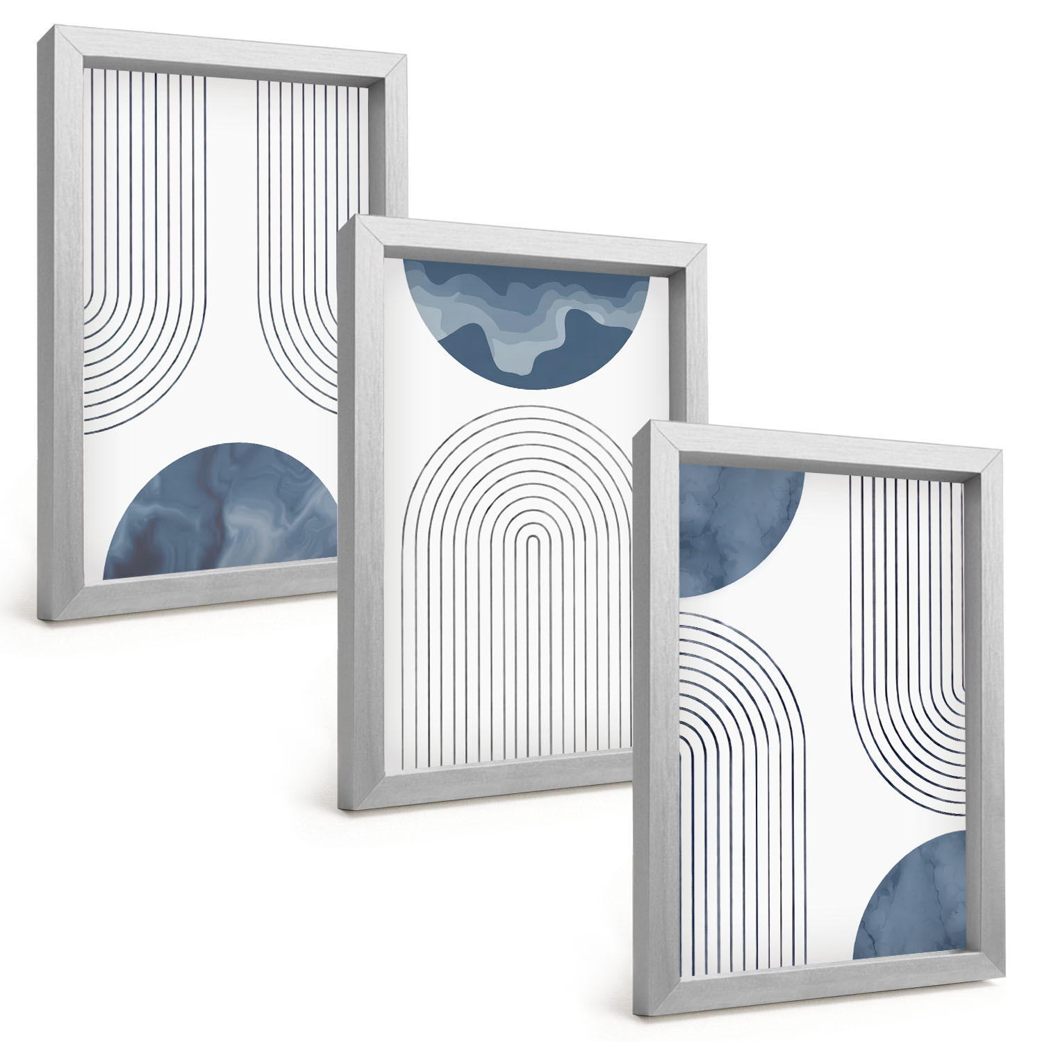 BILDER SET 3er Set - 20x30 cm Silberner Rahmen - Abstrakte blaue Muster - Silberfarben, Kunststoff (20/30cm) - TULUP