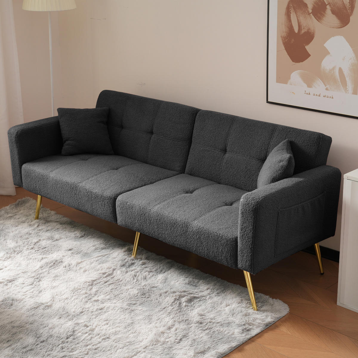 SCHLAFSOFA mit Bettfunktion verstellbarem Winkel Goldene Beine Antique Grey 175/64/72 cm - Dunkelgrau, Kunststoff (175/72/64cm) - OKWISH