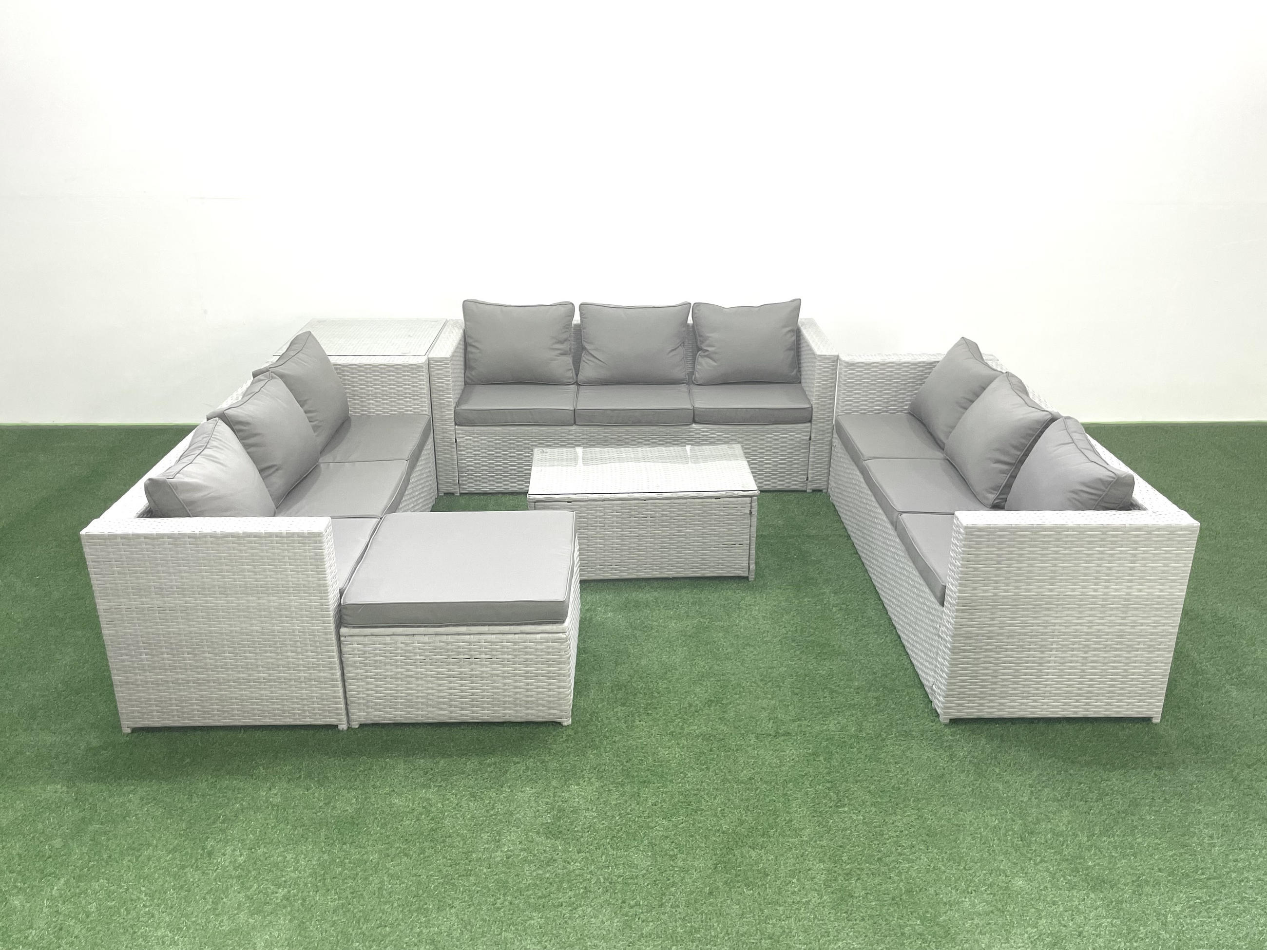GARTENSET mit 3-SITZER SOFA,COUCHTISCH Polyrattan Hellgrau-Mix 10-Sitzer - Hellgrau/Grau, Glas/Kunststoff - Fimous