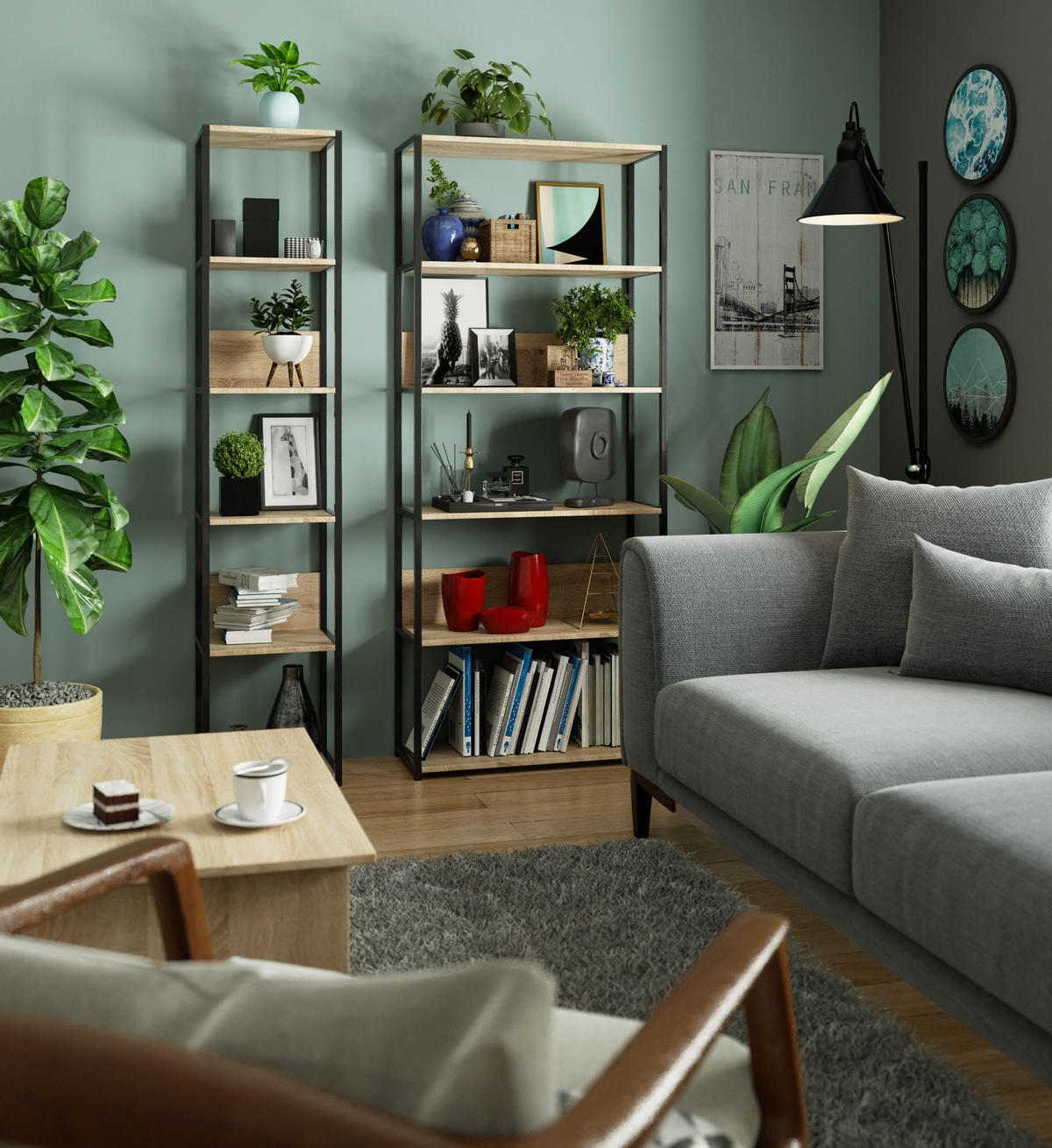 LOFT-REGAL Schwarz, Sonoma Eiche 80x192x32 cm - Schwarz/Sonoma Eiche, Holzwerkstoff/Metall (80/192/32cm) - Akord