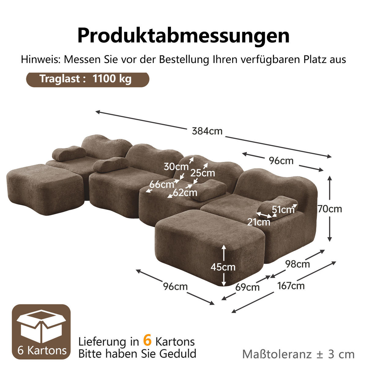 WOHNLANDSCHAFT 384/167/70 cm in Braun aus Samt, modular und ohne Montage - Braun, Textil (167/70/384cm) - Flora Grace