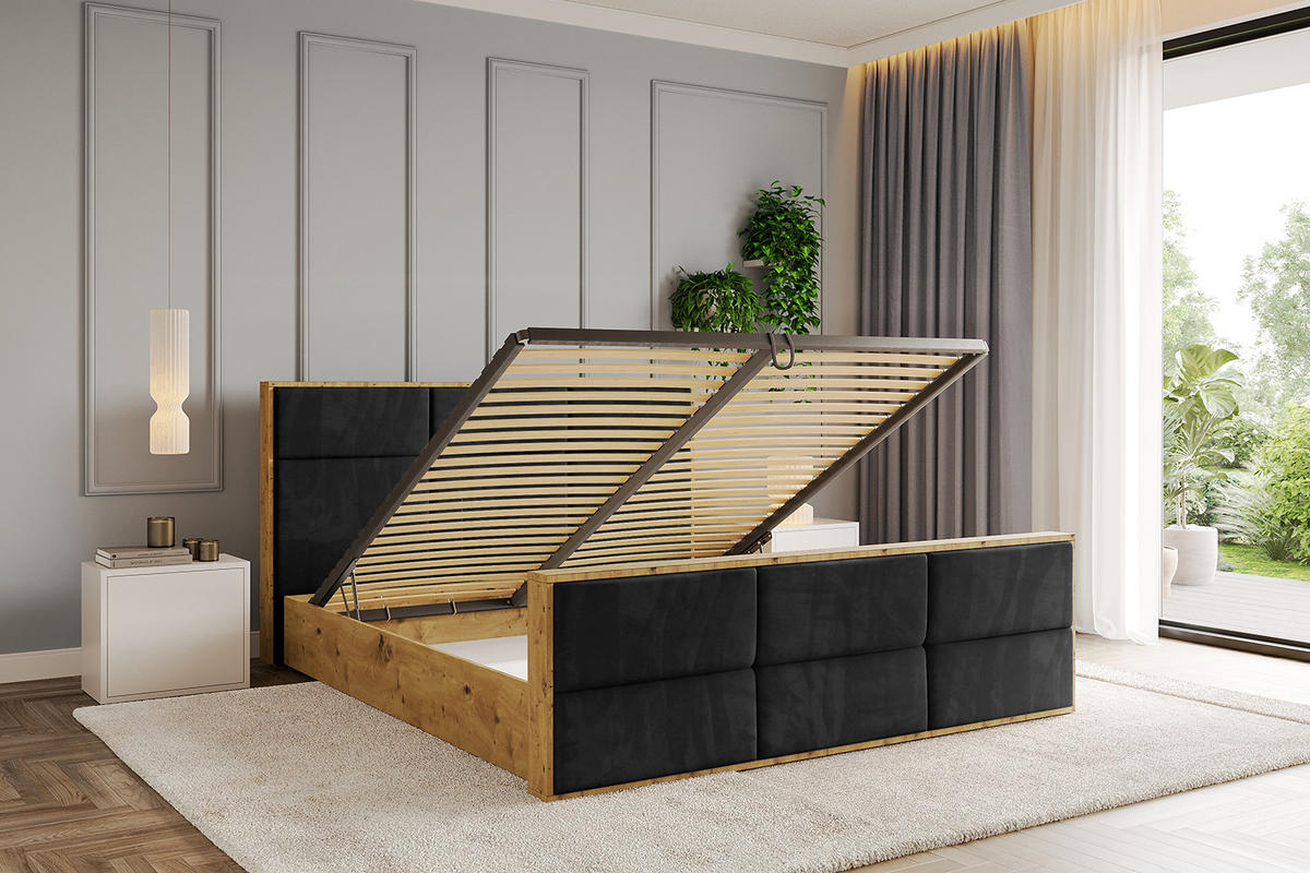 POLSTERBETT mit Bettkasten, Fußteil und Lattenrost, Boxbett mit Matratze H3/H4 - ENZO1-Z 180x200 Schwarz - Schwarz, Holzwerkstoff/Textil (180/200cm) - ALTDECOR