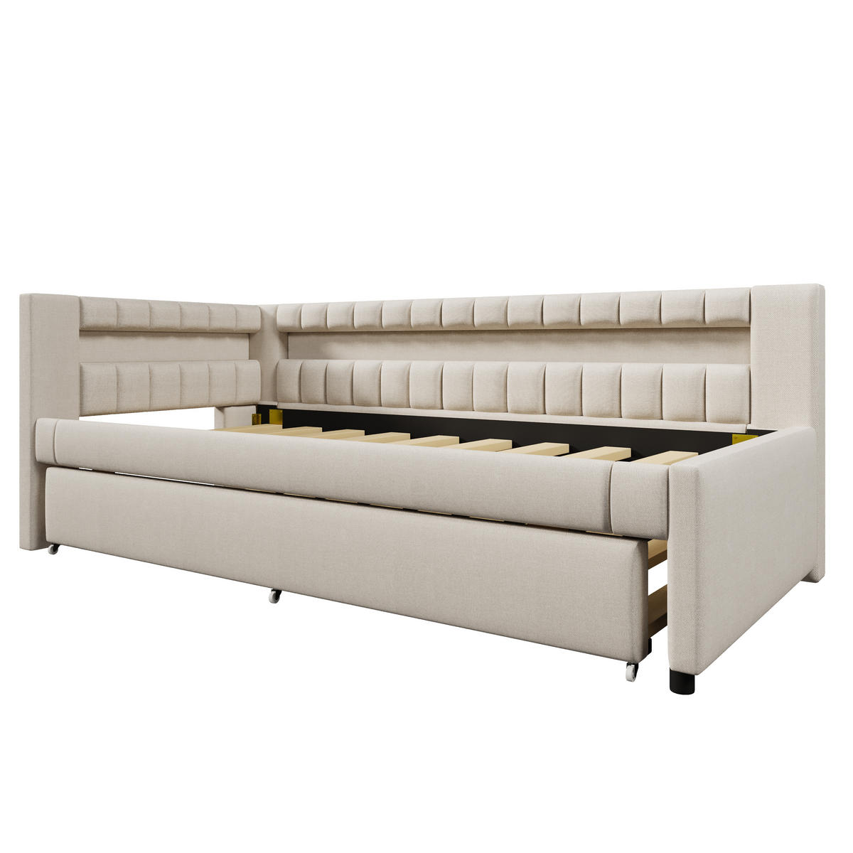 TAGEBETT 90x200cm Beige LED-Licht Ausziehbett USB Leinen - Beige, Holz (90/200cm) - FLIEKS