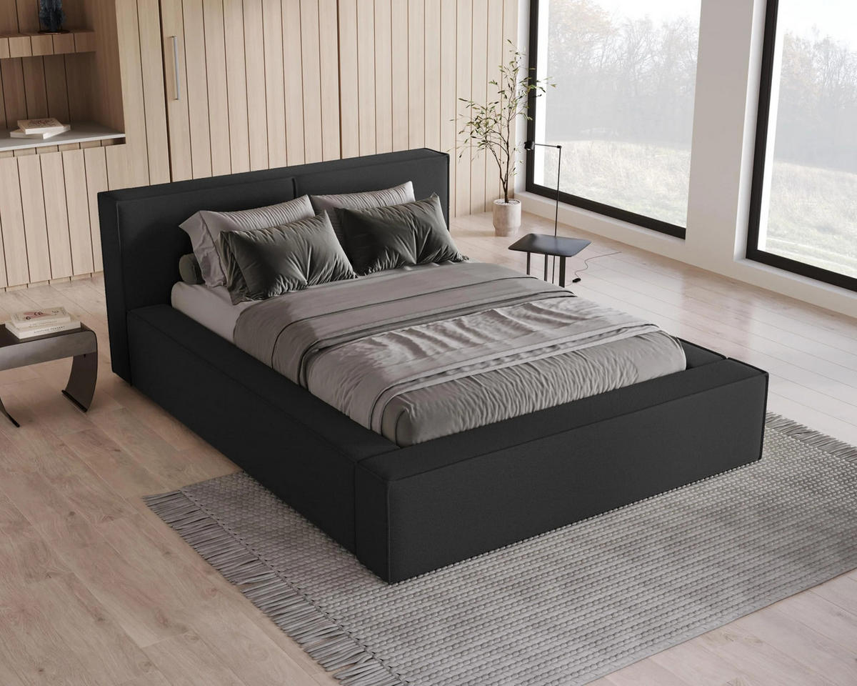 POLSTERBETT Lugano 160x200 cm mit Bettkasten und elegantem Kopfteil - Bouclé Schwarz - Schwarz, Holz (160/200cm) - Chilly