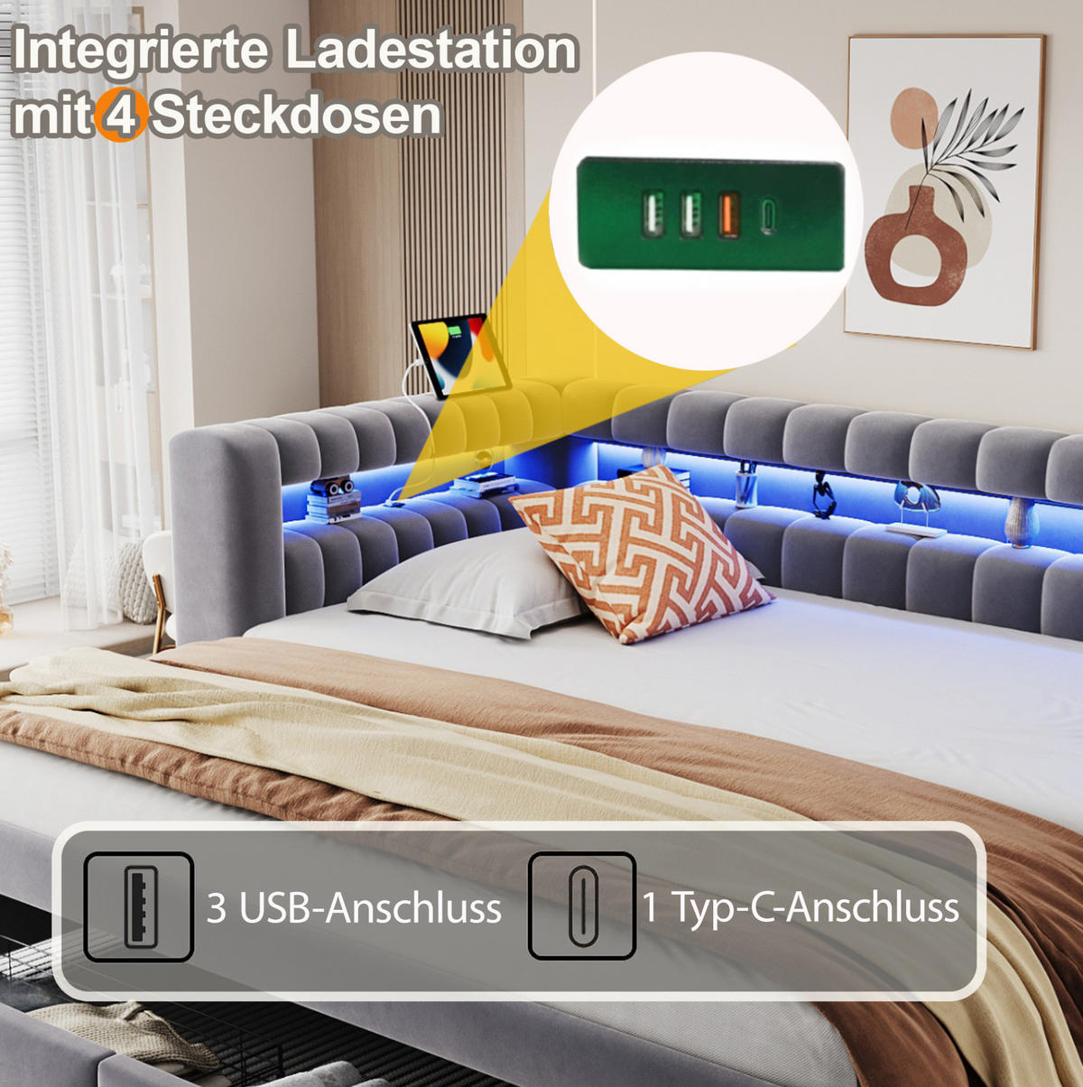ROZKLÁDACÍ postel 90/190 cm sametová s LED osvětlením, USB-C a úložnými prostory, Šedá - šedá, textil (90/190cm) - Redom