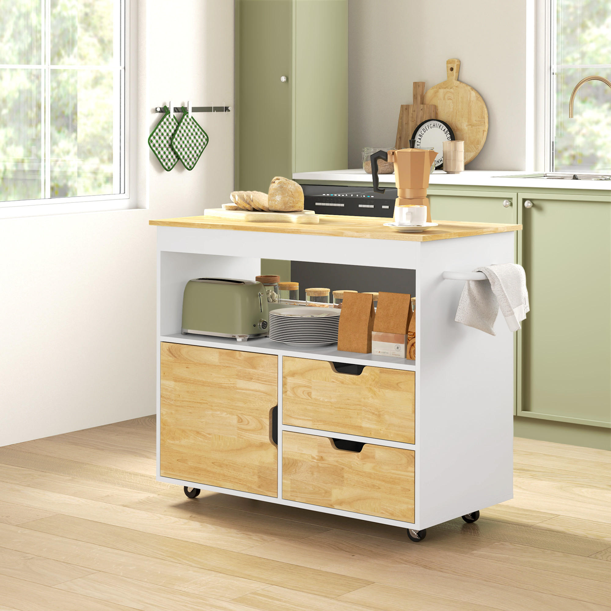 KÜCHENWAGEN Servierwagen mit Arbeitsplatte, Schubladen, Küchenschrank, Eiche - Eichefarben, Holz (50/85/107cm) - HOMCOM