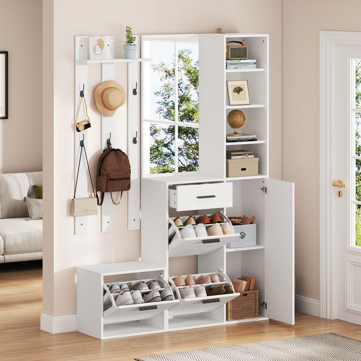 GARDEROBE Schuhschrank Spiegel Haken Wandmontiert Weiß - Weiß, Holzwerkstoff (120/178/30cm) - FLIEKS