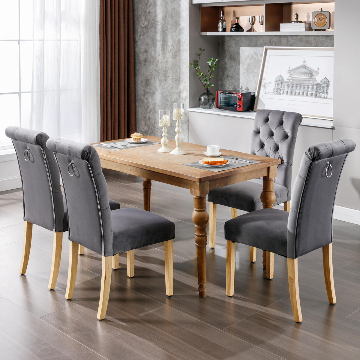 STUHL-SET DE-35663 4 Stück mit Knopfakzenten und Eichenbeinen Grau - Grau, Holz (43/100/63cm) - ComfortXL